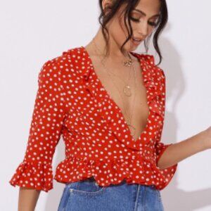 Topshop Red Polka Dot Low Cut Ruffle 3/4 Sleeve Tie Top - Size 8